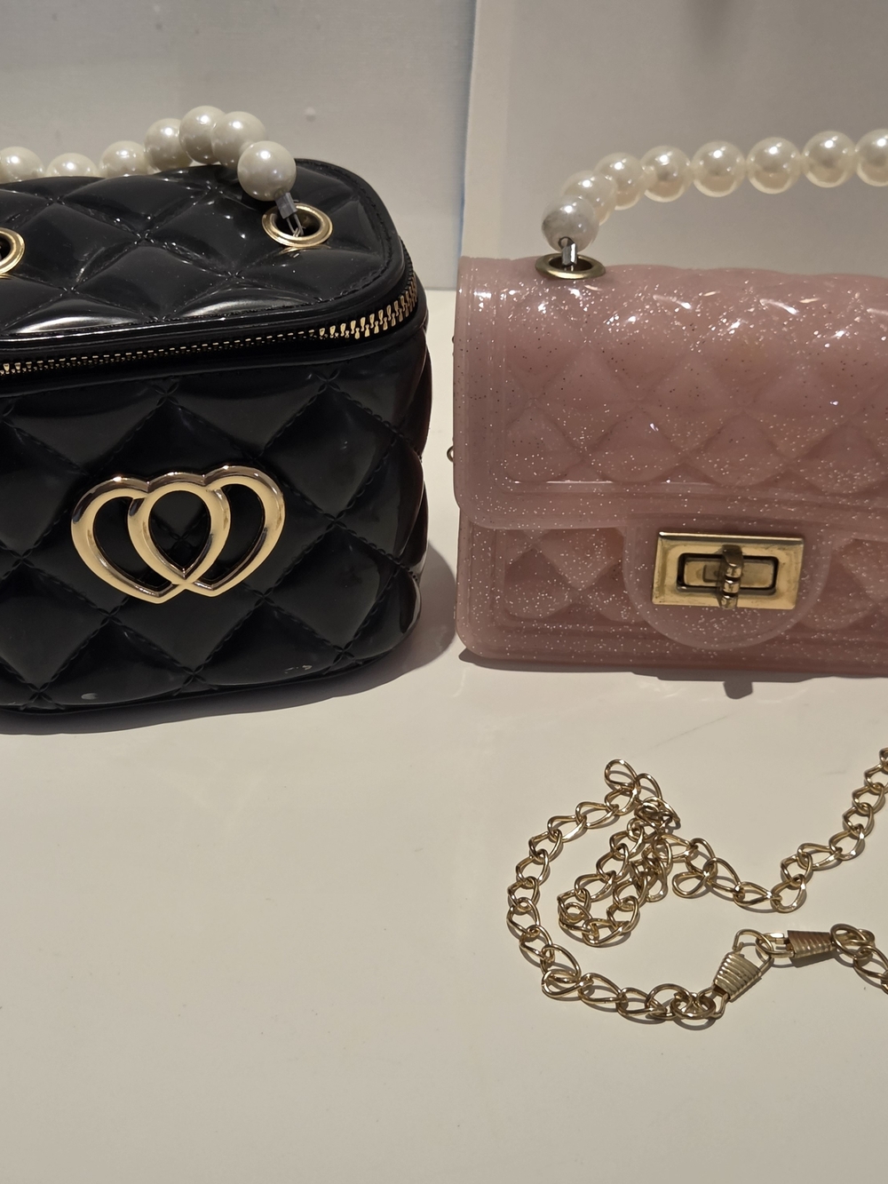 Set Of 2 Mini Jelly Bags Crossbody Gold Chain Strap Quilted Pearls Pink Glitter